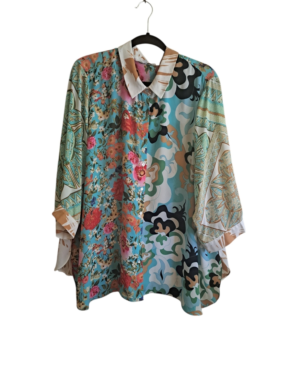 Silky Turquoise Mixed-Print Button-Up Blouse